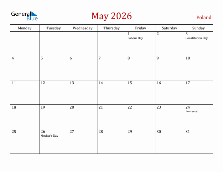 Poland May 2026 Calendar - Monday Start