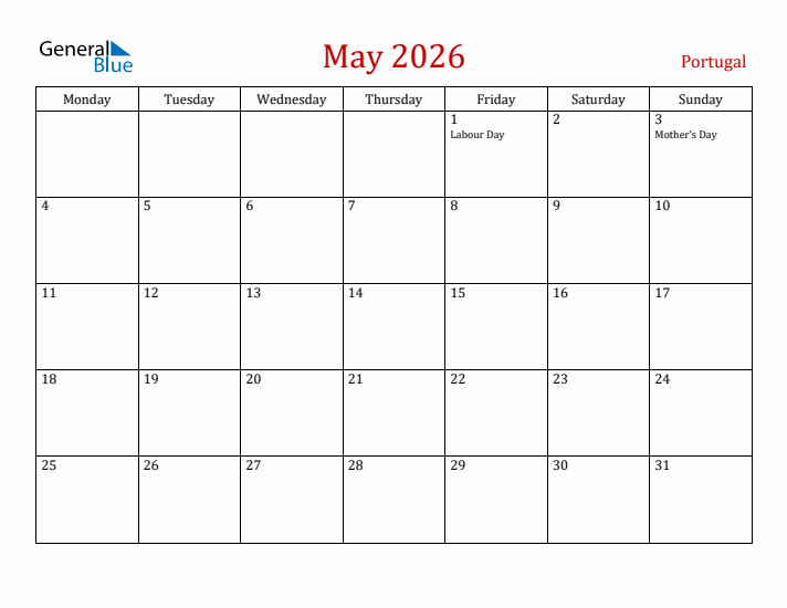 Portugal May 2026 Calendar - Monday Start