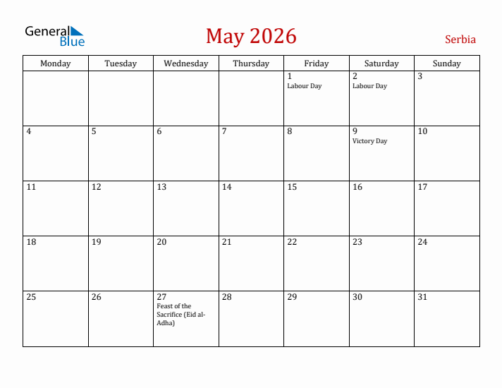 Serbia May 2026 Calendar - Monday Start