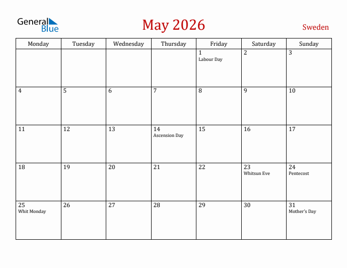 Sweden May 2026 Calendar - Monday Start