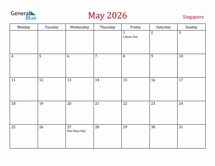 Singapore May 2026 Calendar - Monday Start