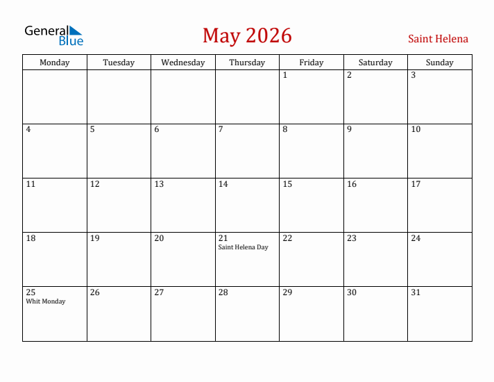 Saint Helena May 2026 Calendar - Monday Start