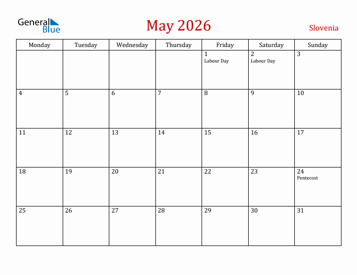 Slovenia May 2026 Calendar - Monday Start