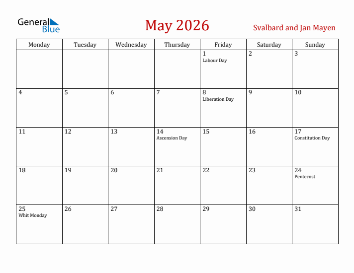 Svalbard and Jan Mayen May 2026 Calendar - Monday Start