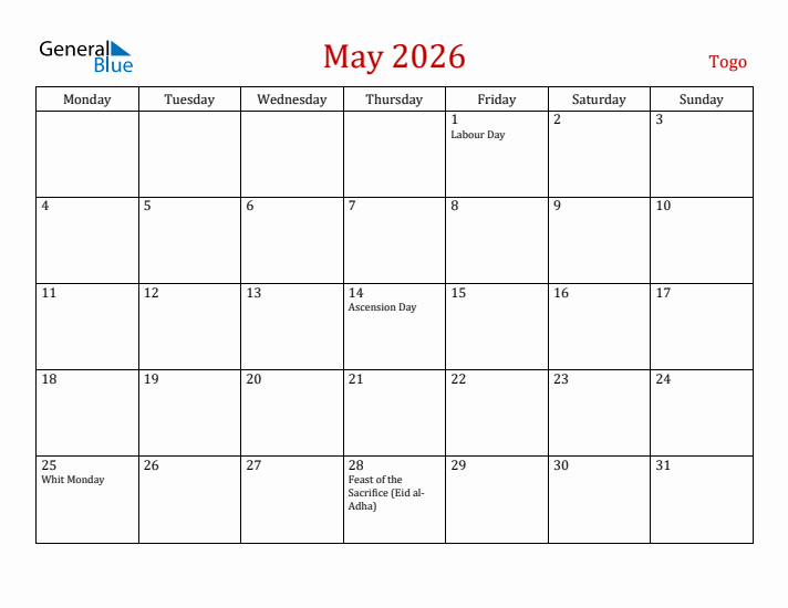 Togo May 2026 Calendar - Monday Start