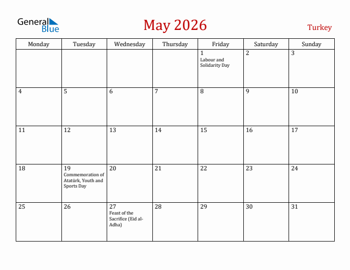 Turkey May 2026 Calendar - Monday Start