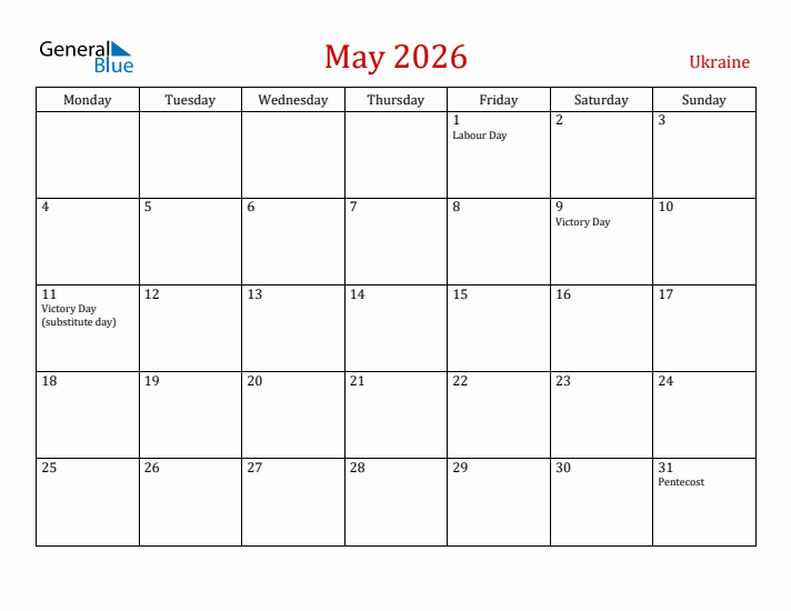 Ukraine May 2026 Calendar - Monday Start