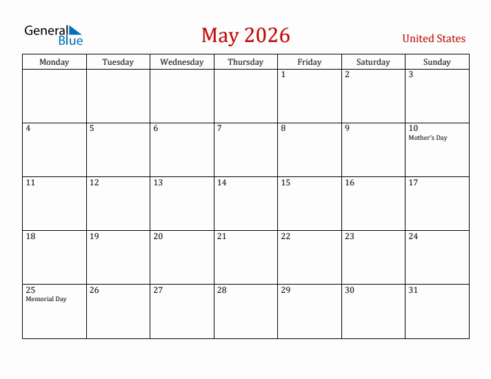 United States May 2026 Calendar - Monday Start