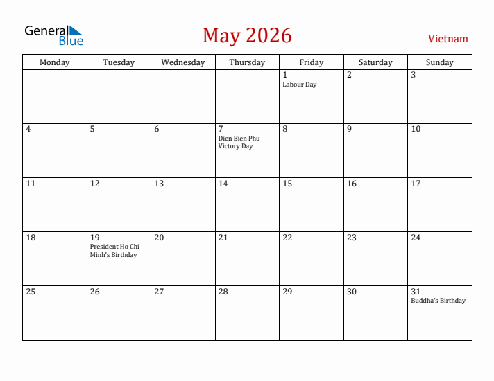 Vietnam May 2026 Calendar - Monday Start