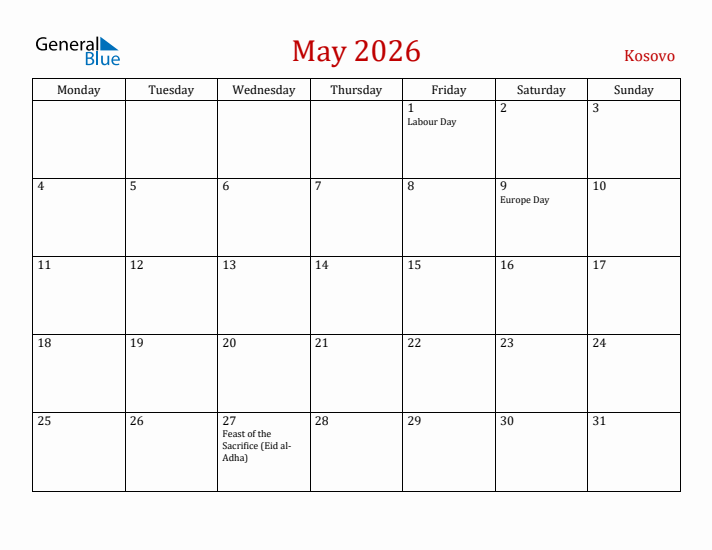 Kosovo May 2026 Calendar - Monday Start
