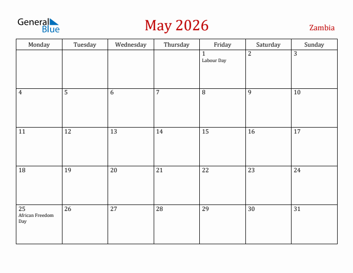 Zambia May 2026 Calendar - Monday Start