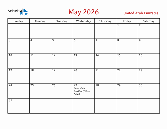 United Arab Emirates May 2026 Calendar - Sunday Start