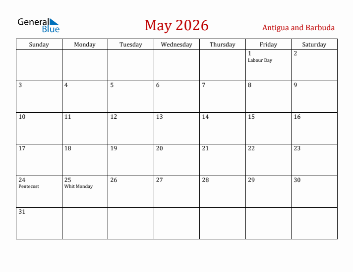 Antigua and Barbuda May 2026 Calendar - Sunday Start