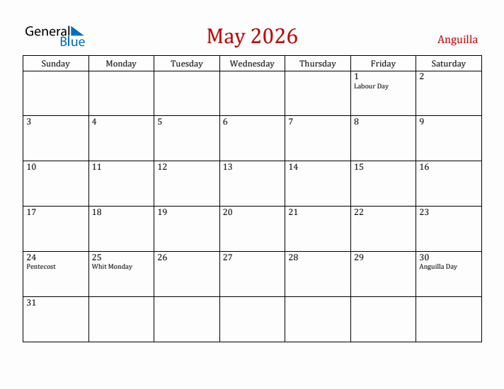 Anguilla May 2026 Calendar - Sunday Start