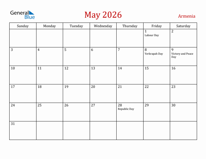 Armenia May 2026 Calendar - Sunday Start