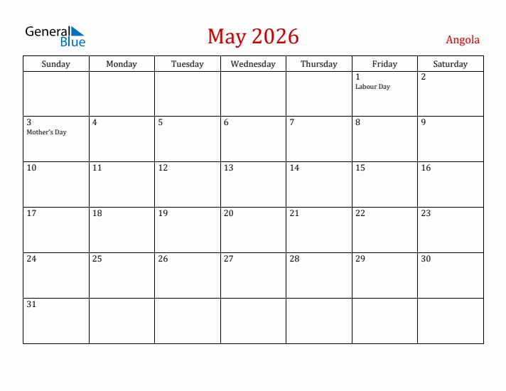 Angola May 2026 Calendar - Sunday Start