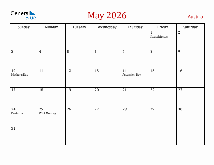 Austria May 2026 Calendar - Sunday Start