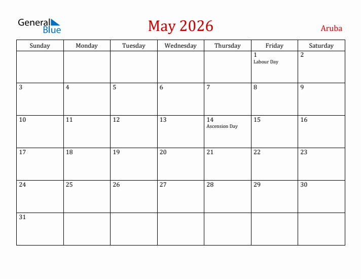 Aruba May 2026 Calendar - Sunday Start