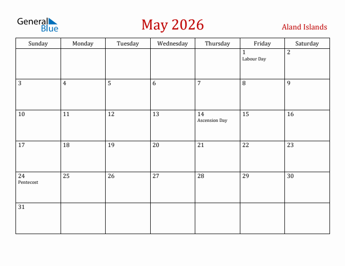 Aland Islands May 2026 Calendar - Sunday Start