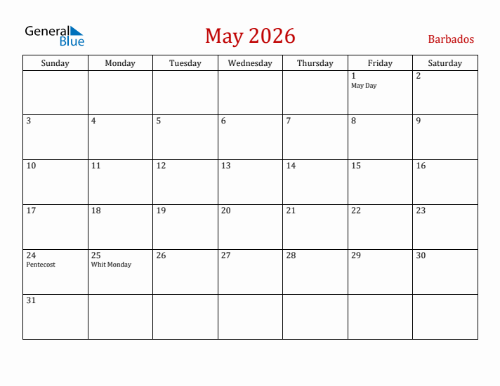 Barbados May 2026 Calendar - Sunday Start