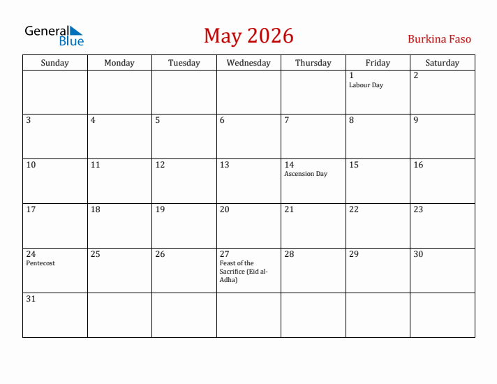 Burkina Faso May 2026 Calendar - Sunday Start