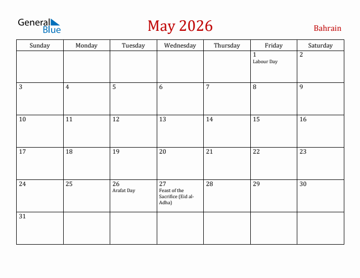 Bahrain May 2026 Calendar - Sunday Start
