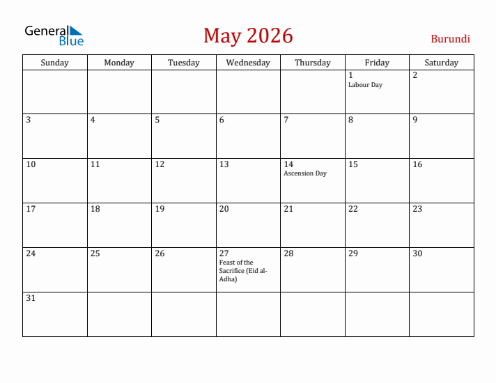 Burundi May 2026 Calendar - Sunday Start