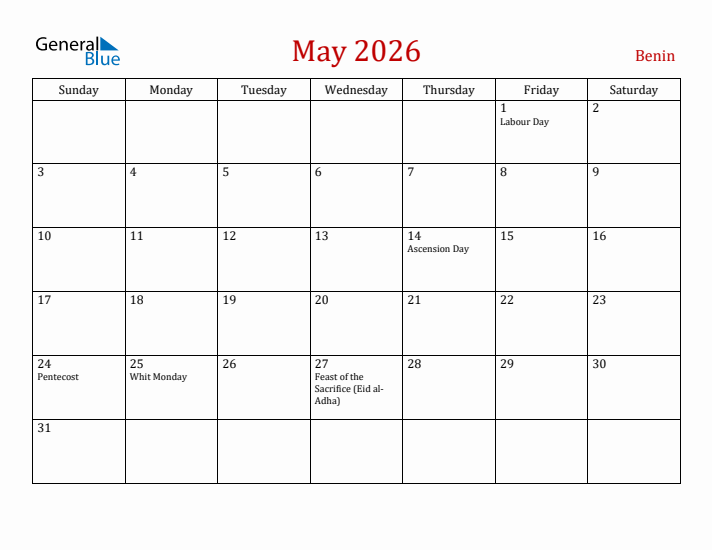 Benin May 2026 Calendar - Sunday Start