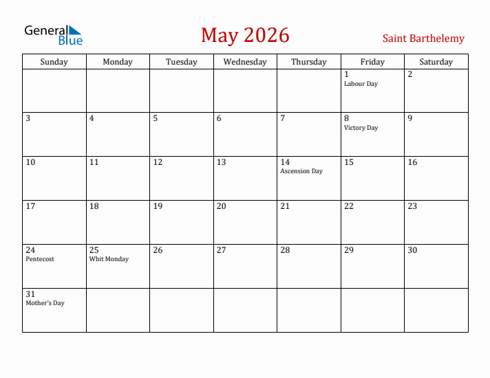 Saint Barthelemy May 2026 Calendar - Sunday Start