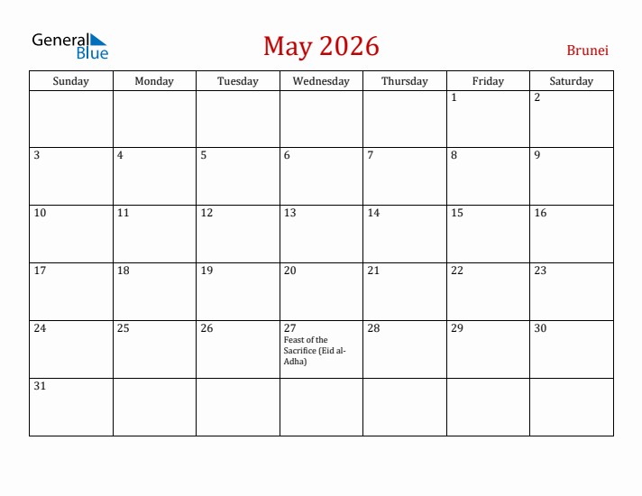 Brunei May 2026 Calendar - Sunday Start