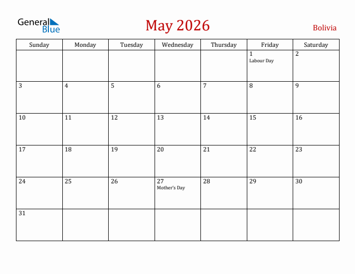 Bolivia May 2026 Calendar - Sunday Start