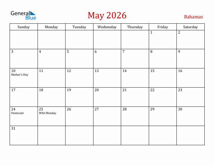 Bahamas May 2026 Calendar - Sunday Start