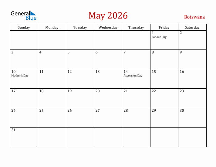Botswana May 2026 Calendar - Sunday Start