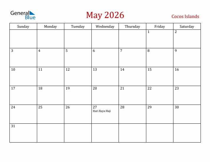 Cocos Islands May 2026 Calendar - Sunday Start
