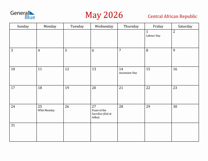 Central African Republic May 2026 Calendar - Sunday Start