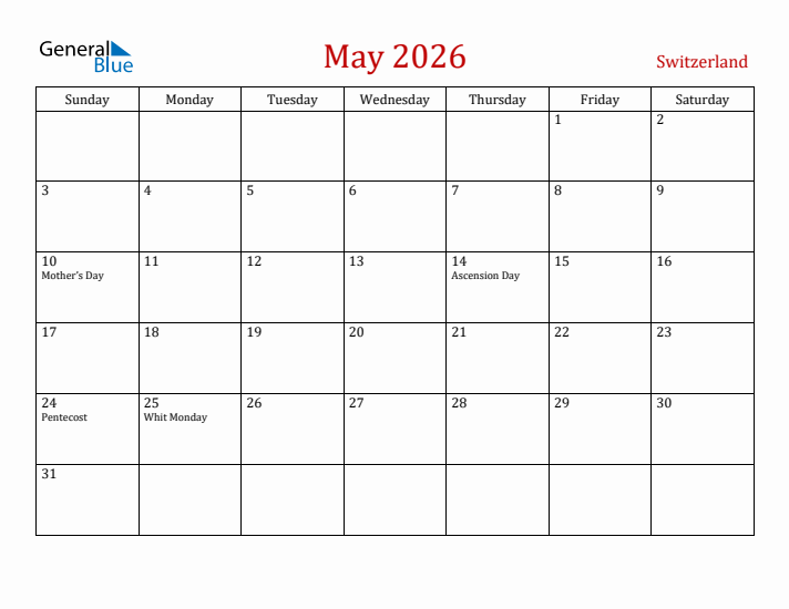 Switzerland May 2026 Calendar - Sunday Start