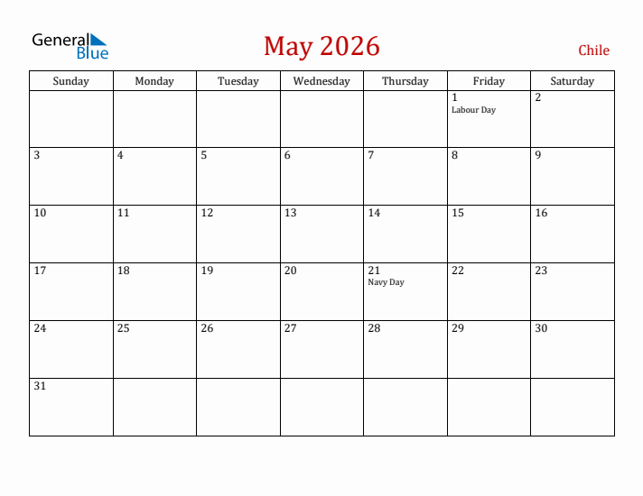 Chile May 2026 Calendar - Sunday Start