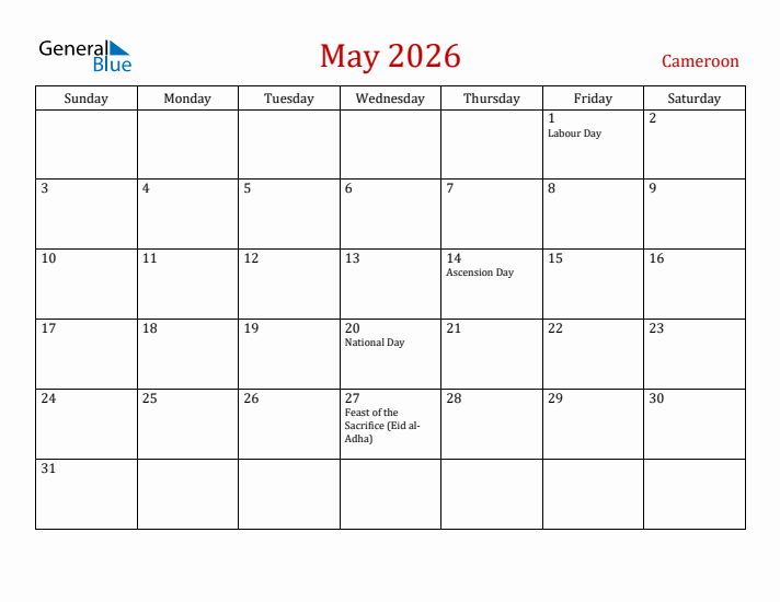 Cameroon May 2026 Calendar - Sunday Start