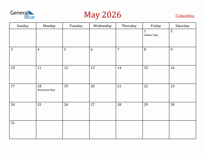 Colombia May 2026 Calendar - Sunday Start