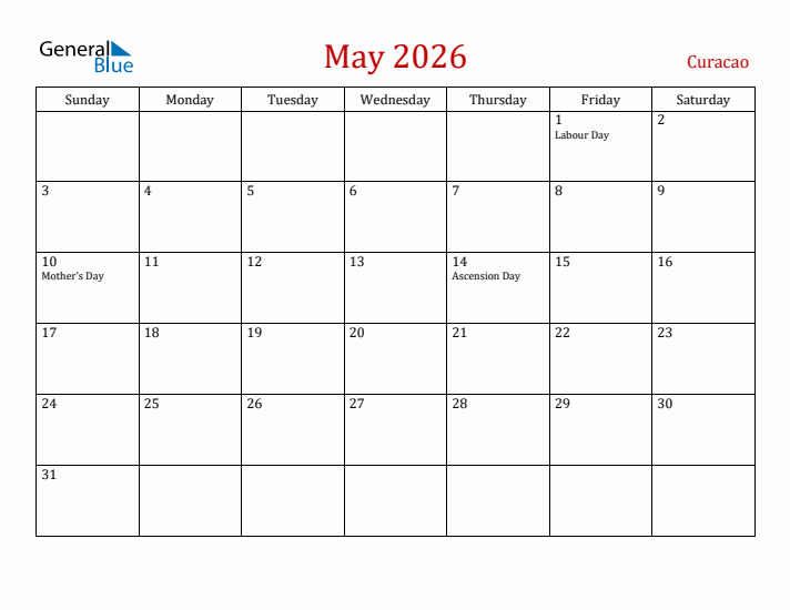 Curacao May 2026 Calendar - Sunday Start