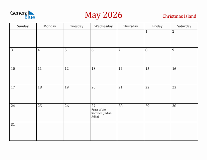 Christmas Island May 2026 Calendar - Sunday Start