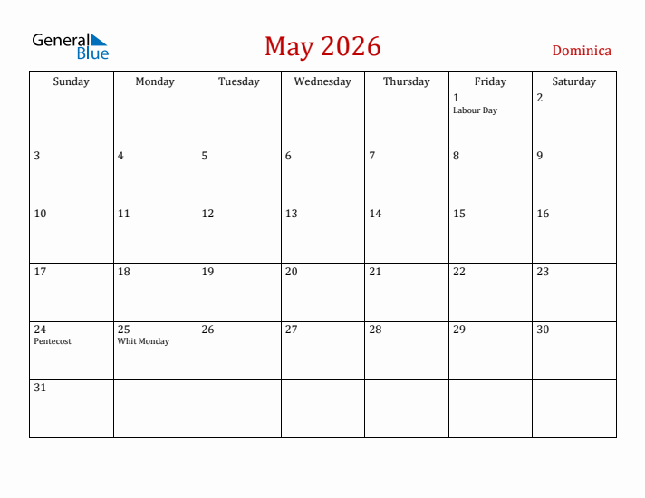 Dominica May 2026 Calendar - Sunday Start