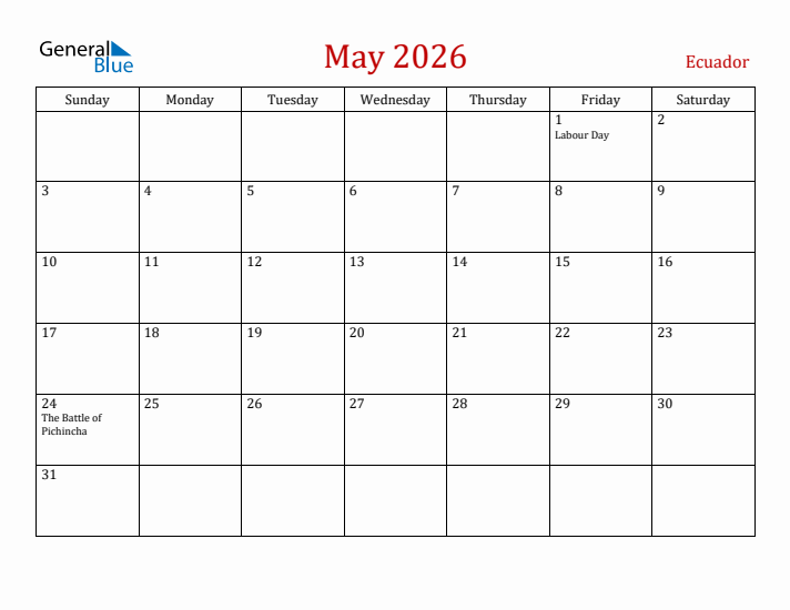 Ecuador May 2026 Calendar - Sunday Start