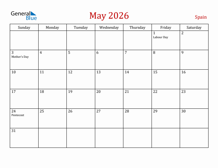 Spain May 2026 Calendar - Sunday Start