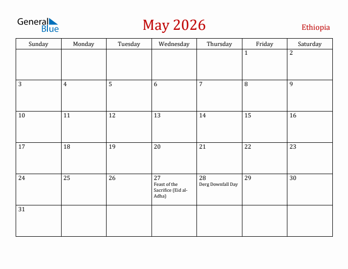 Ethiopia May 2026 Calendar - Sunday Start