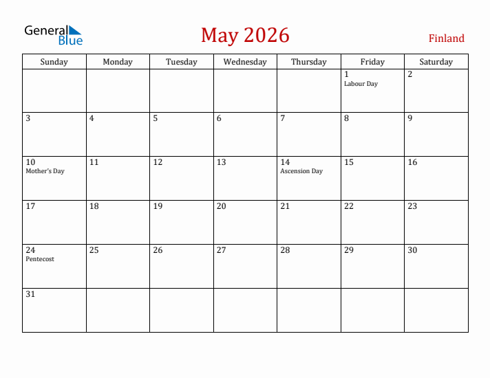 Finland May 2026 Calendar - Sunday Start