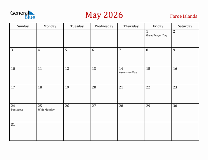 Faroe Islands May 2026 Calendar - Sunday Start