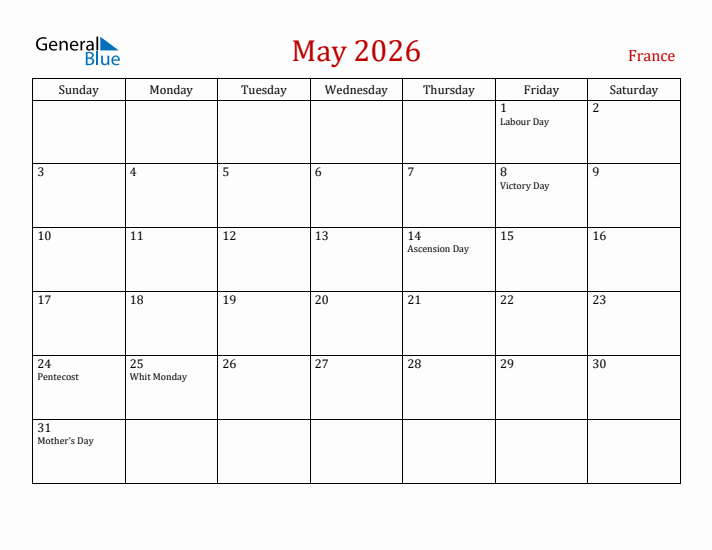 France May 2026 Calendar - Sunday Start