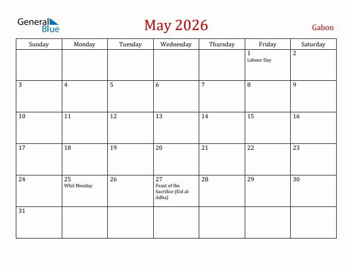 Gabon May 2026 Calendar - Sunday Start