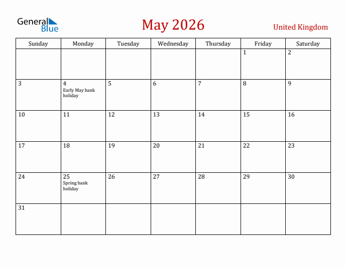 United Kingdom May 2026 Calendar - Sunday Start